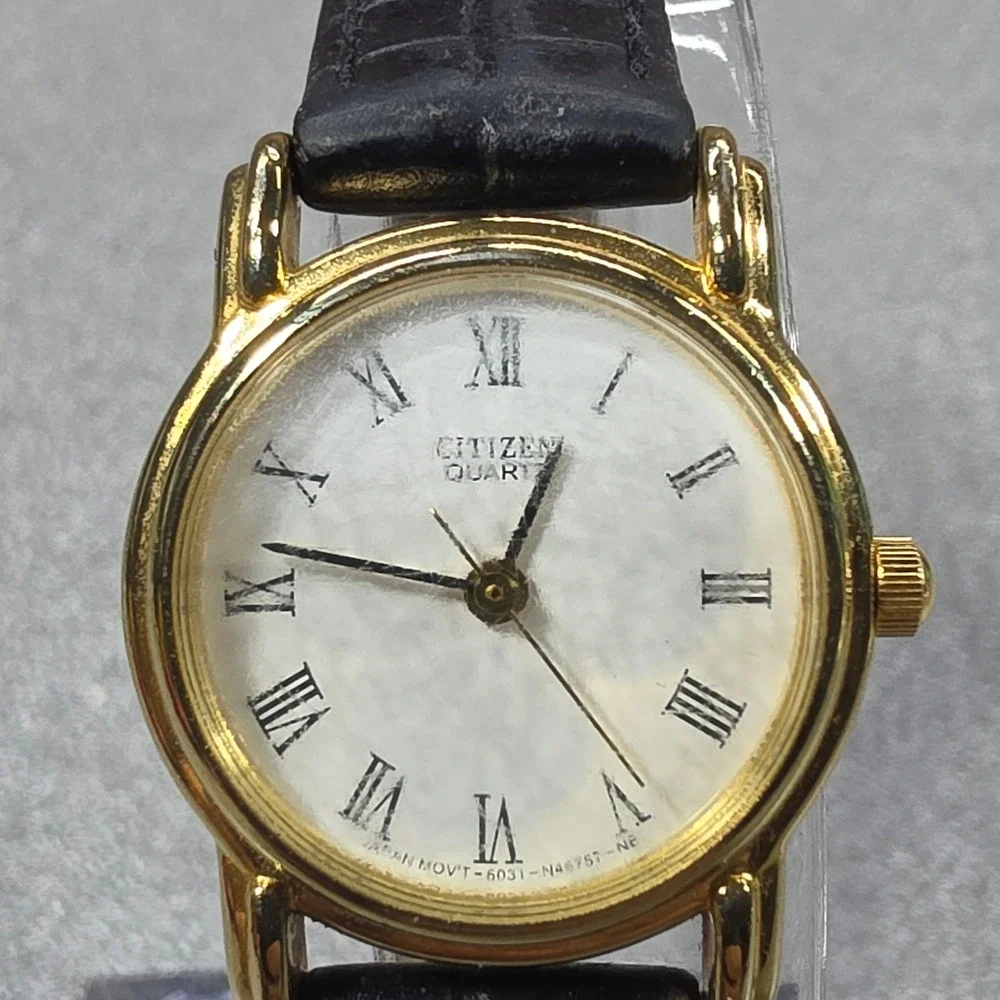 Citizen Quartz Watch Womens OS Gold White Roman Numeral Good Leather Band 6031